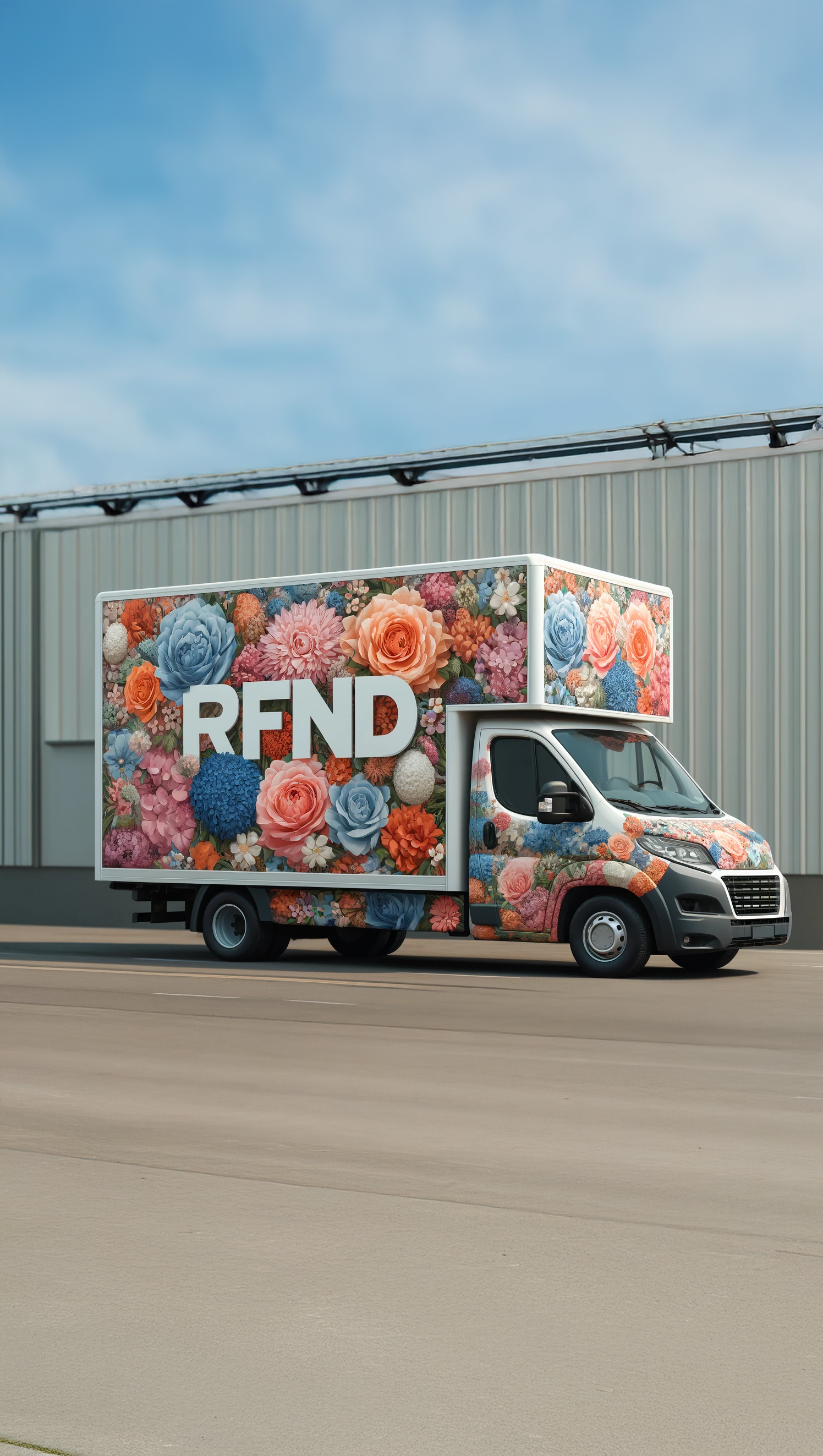 DALL_E_2024-06-27_09.00.40_-_A_delivery_truck_covered_in_a_vibrant_array_of_flowers._The_truck_features_the_letters_RFND_promssinently_on_its_side_using_the_colors_from_the_given.png